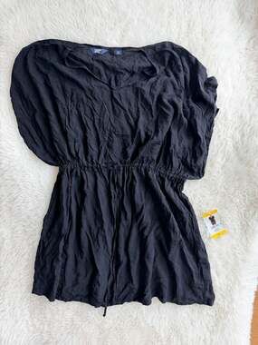 Lands' End Black V-Neck Drawstring Waist Swim Cover-up Dress Size M-L